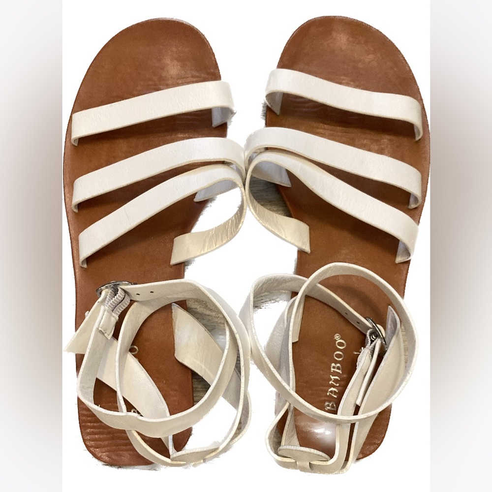 NEW Bamboo Moondance Gladiator Flat Sandals White Strappy Brown Adjustable Strap